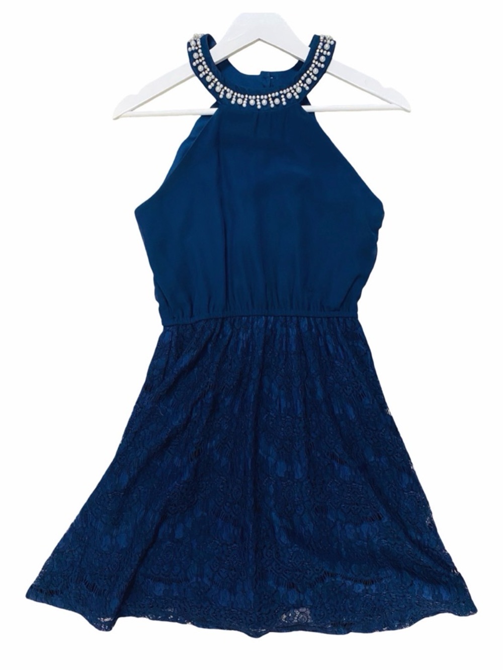 💙#BlueRain #NavyBlueDress #PearlHalter #EmbellishedNeckline #MiniDressStyle